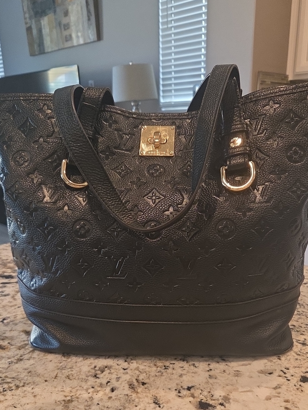Louis Vuitton Black Embossed Monogram Tote with Gold Hardware